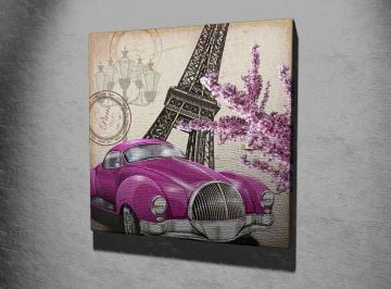 Pembe Araba ve Eiffel Kulesi Kanvas Tablo